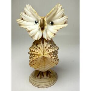 Vintage Sea Shell Art Owl Figurine Googly Eyes 1970s Decor Kitsch Beach Retro